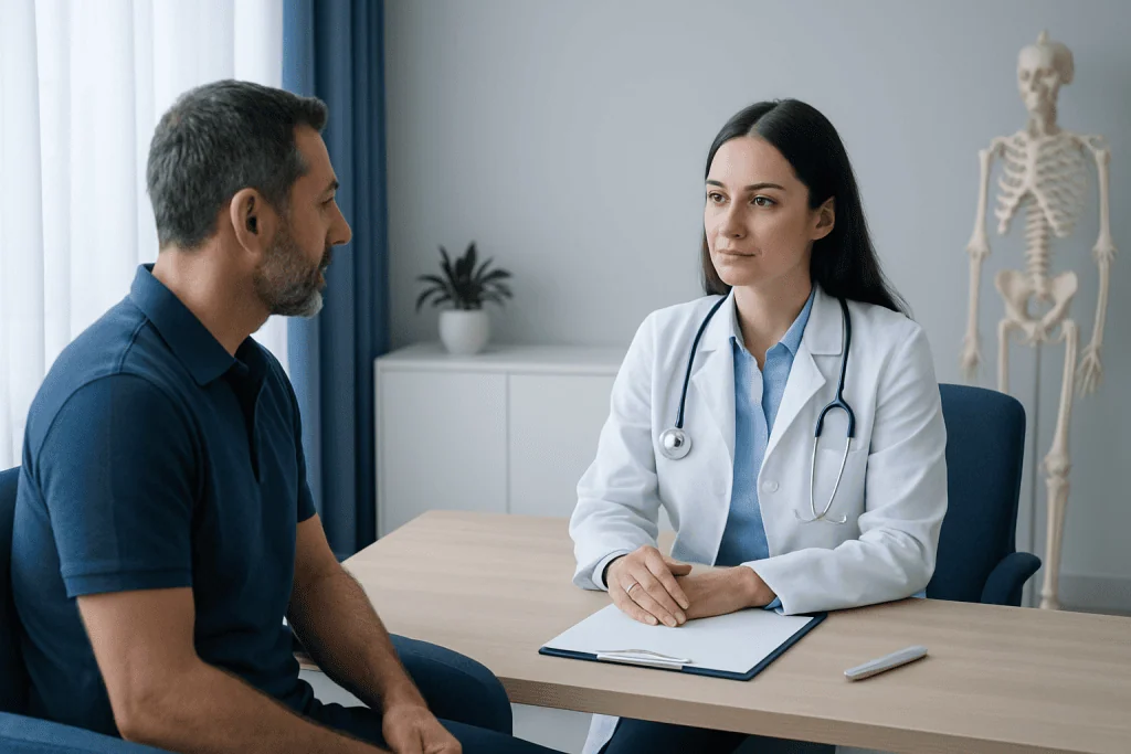 Doctor consulting with male patient in a medical office setting.