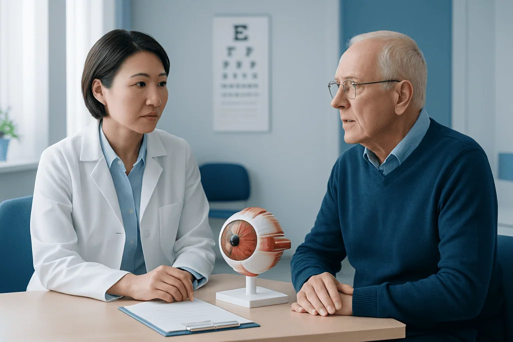 Ophthalmologist explains eye anatomy to senior patient in clinic.