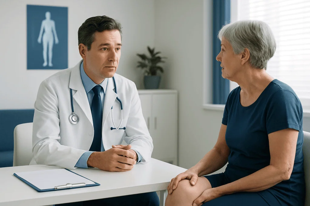 Doctor consulting with an elderly female patient in a medical office.