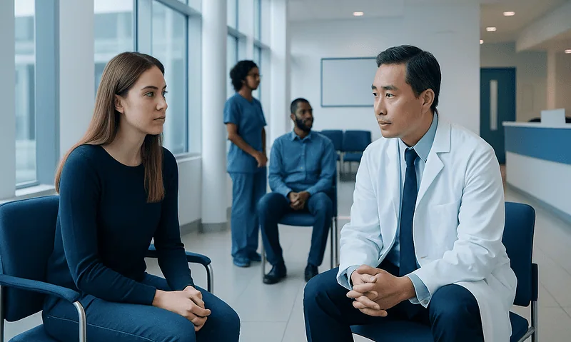 Doctor consulting a patient in a modern hospital waiting area.