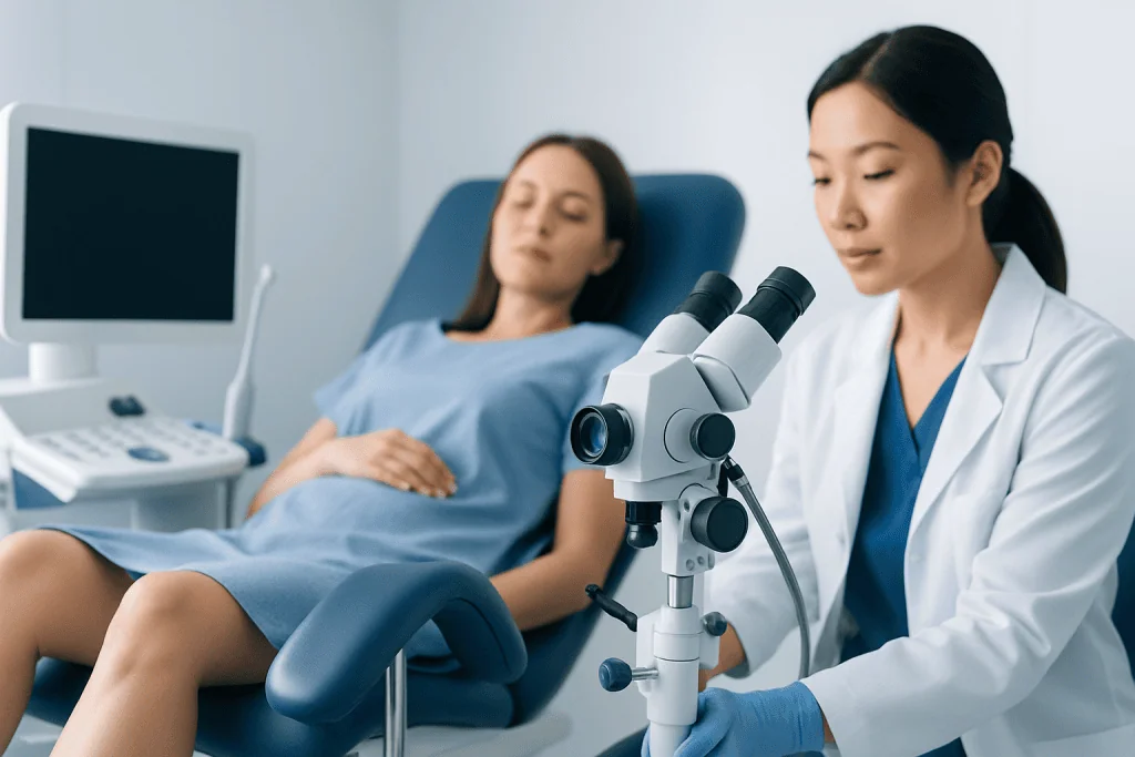 Doctor preparing for endometrial biopsy with patient in hospital bed.