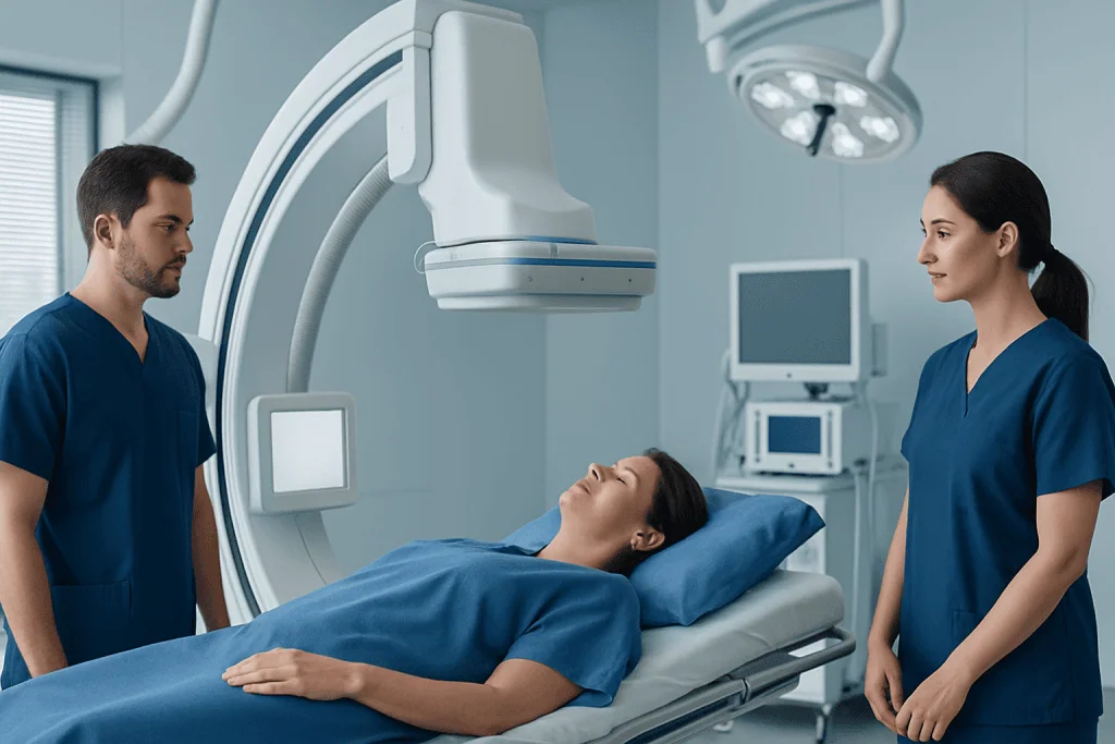 Patient undergoing cerebral angiography in a hospital setting with medical staff present.