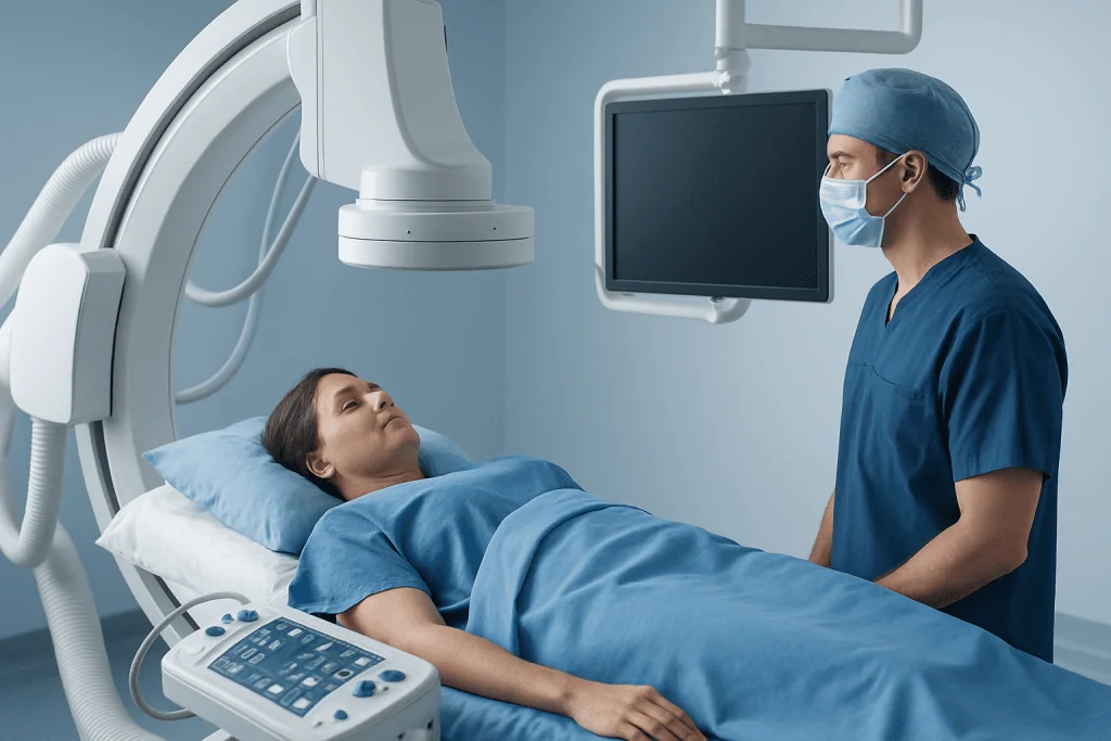 Patient undergoing cerebral angiography in a hospital setting.