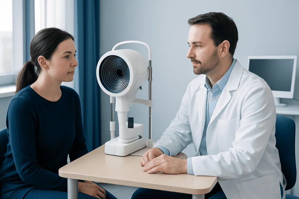 Optometrist performing corneal topography test on patient in clinic.