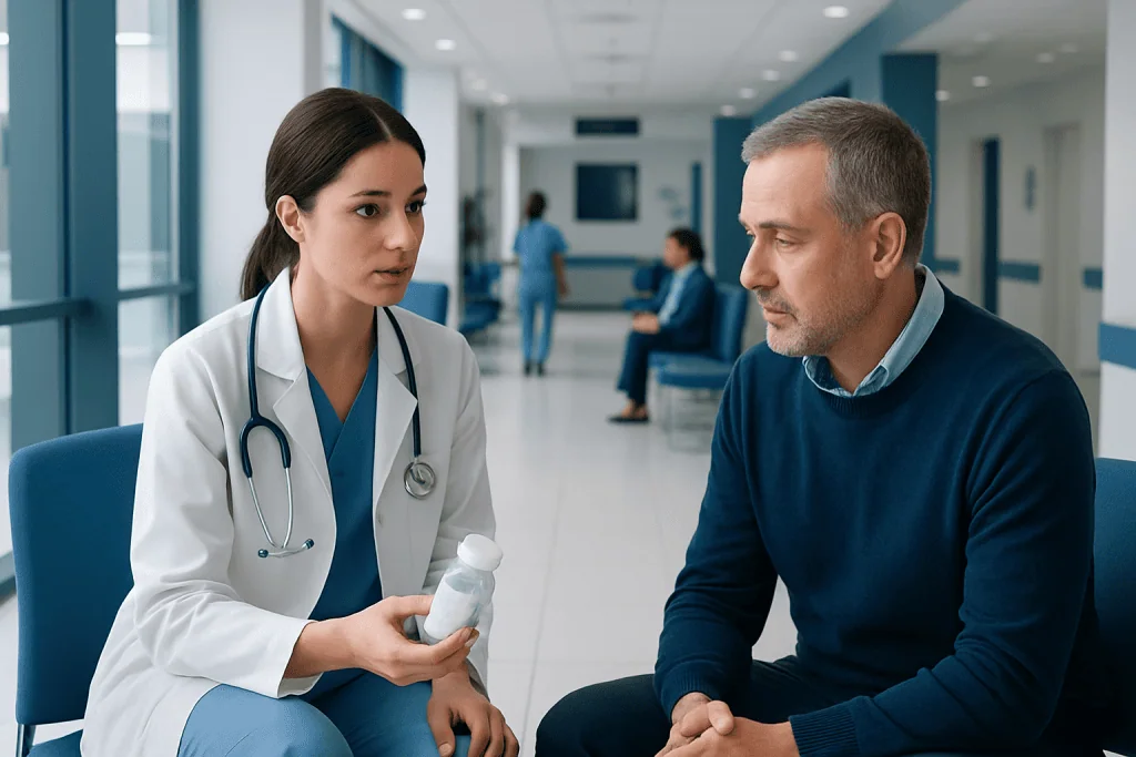 What to Ask Before Accepting a New Medicine in Hospital 1 Doctor explaining medication details to a patient in hospital corridor.