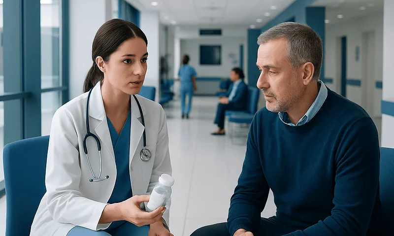 What to Ask Before Accepting a New Medicine in Hospital 12 Doctor explaining medication details to a patient in hospital corridor.