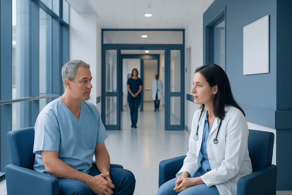 Questions to Ask About ICU Care Before Major Surgery in Turkey 1 Doctor and patient having a consultation in hospital corridor.