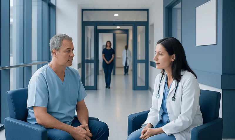 Doctor and patient having a consultation in hospital corridor.