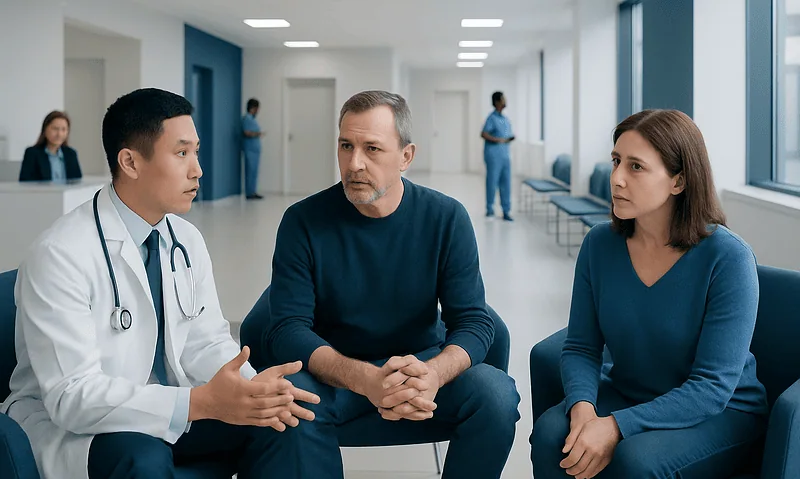 Doctor consulting with patients in a hospital corridor.
