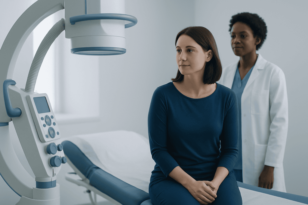 Woman patient at hospital undergoing medical examination with doctor present.