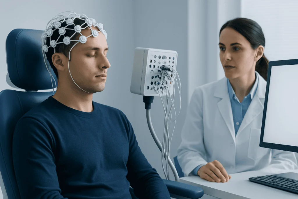Patient undergoing neuropsychological testing with EEG cap at Acibadem Hospital.
