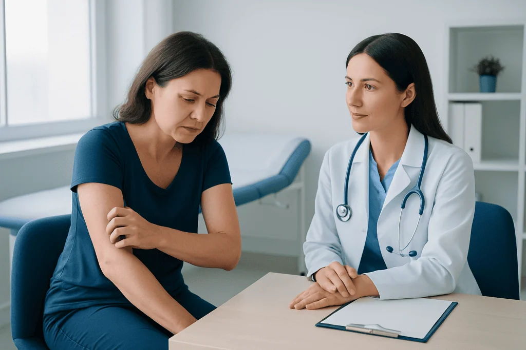 Doctor consulting with a patient about skin health in a clinical setting.