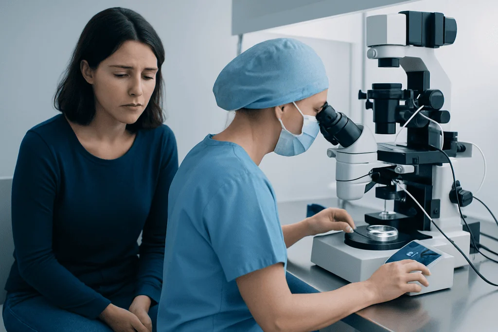 Fertility specialist examining a patient with a microscope at Acibadem Hospital.