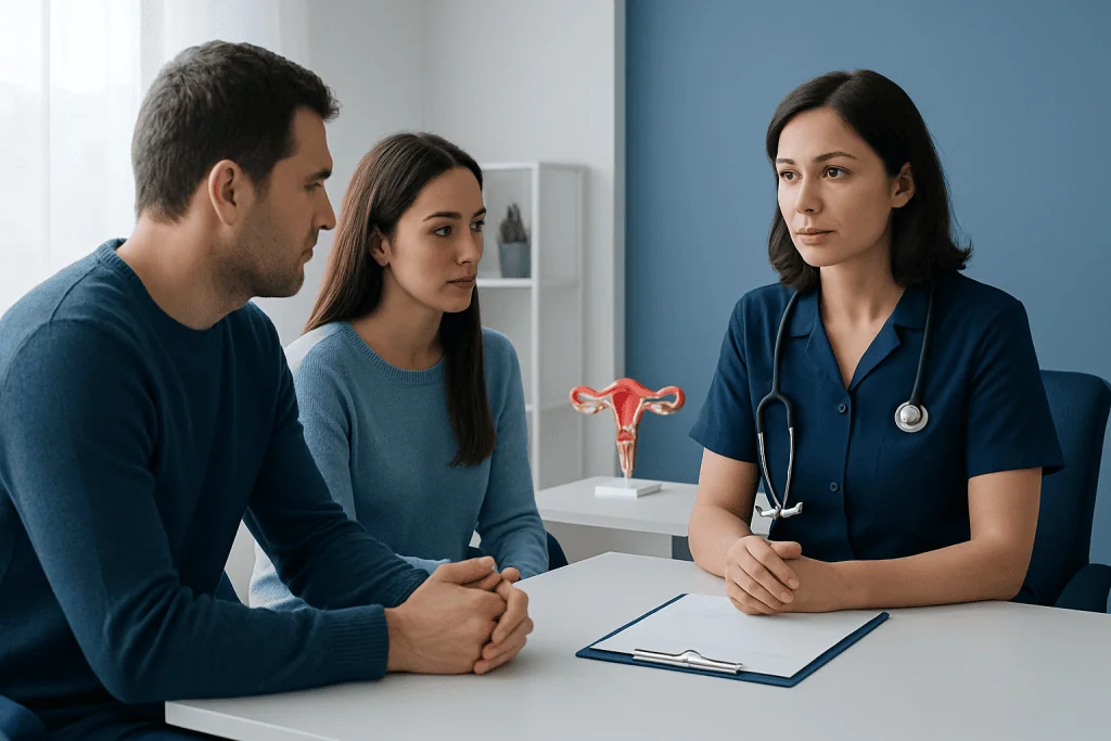 Fertility consultation at Acibadem Hospital with doctor and couple.