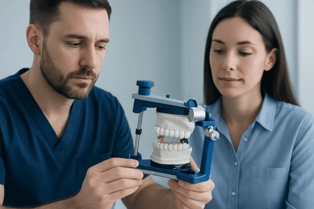 Dentist and patient examining dental model for bite analysis at Acibadem Hospital.