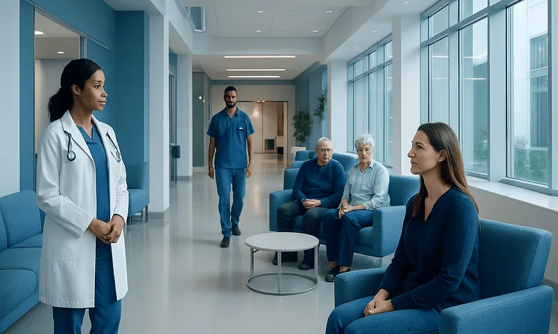 Medical consultation at Acibadem hospital with diverse patients and healthcare professionals.