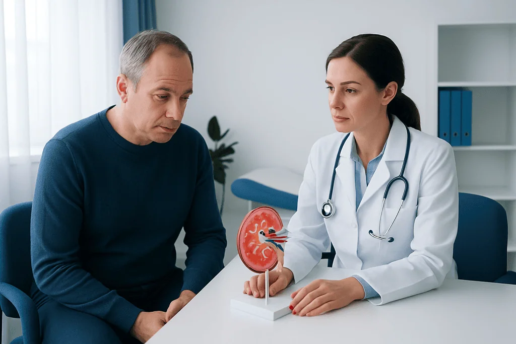 Doctor explaining kidney health to a patient with a kidney model.