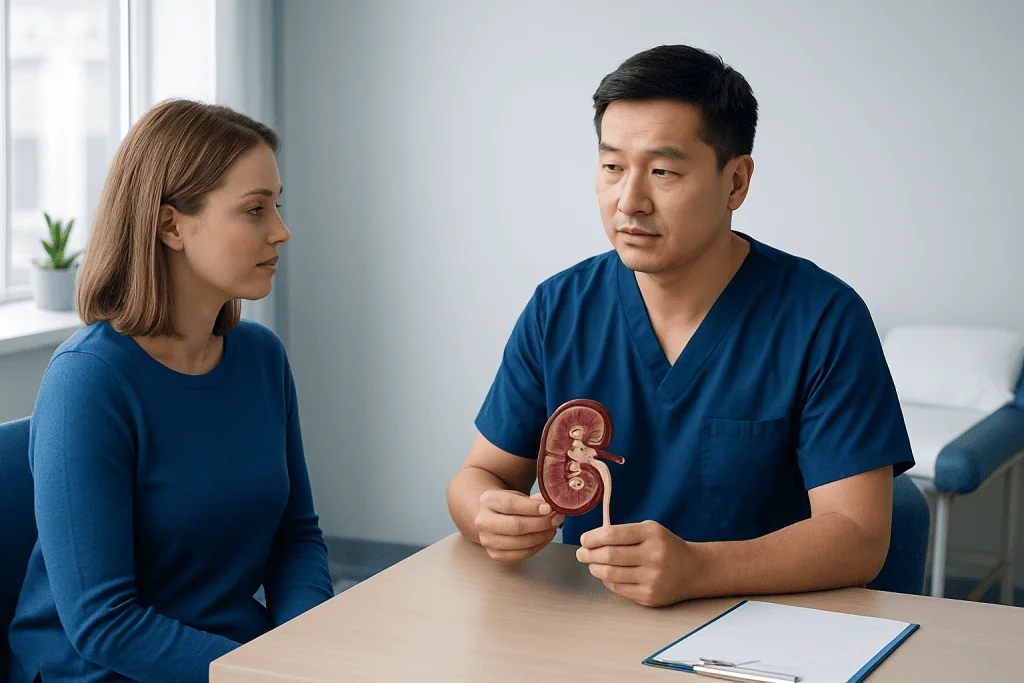 Doctor explaining kidney stones to a patient in a consultation room.