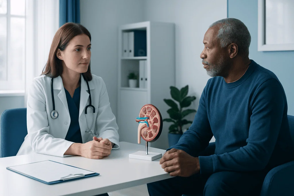 Doctor explaining kidney health to patient in consultation room.