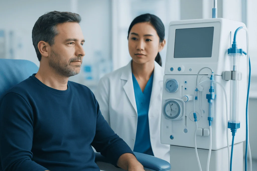 Doctor consulting with patient in a medical clinic setting.