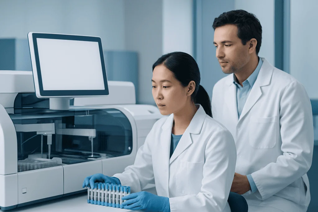 Laboratory scientists analyzing test samples in a modern lab setting.