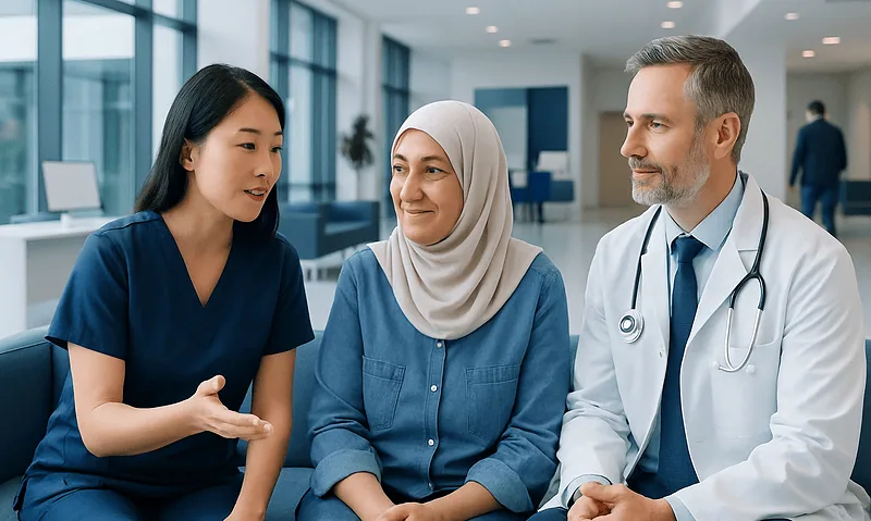 How Acibadem Supports International Patients in Their Own Language 2 Multicultural medical consultation with healthcare professionals at Acibadem Hospital.