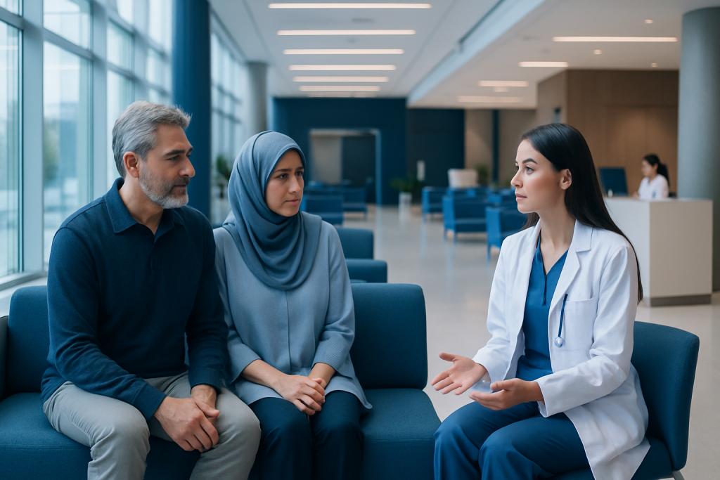How Acibadem Hospitals Support International Patients in Their Own Language 1 Medical consultation at Acibadem Hospital with diverse patients and doctor.