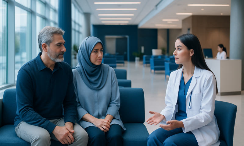 Medical consultation at Acibadem Hospital with diverse patients and doctor.