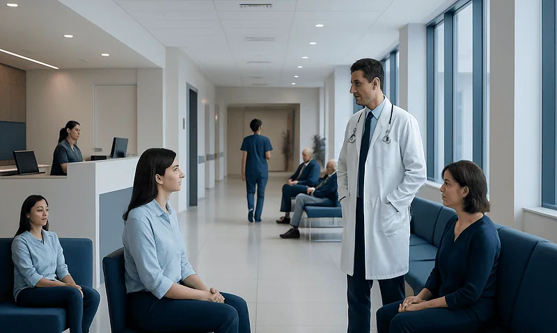 At Acibadem, How We Explain Expected Length of Stay for Evaluation, Treatment, and Recovery 1 Doctor consulting patients in hospital corridor at Acibadem Hospital.