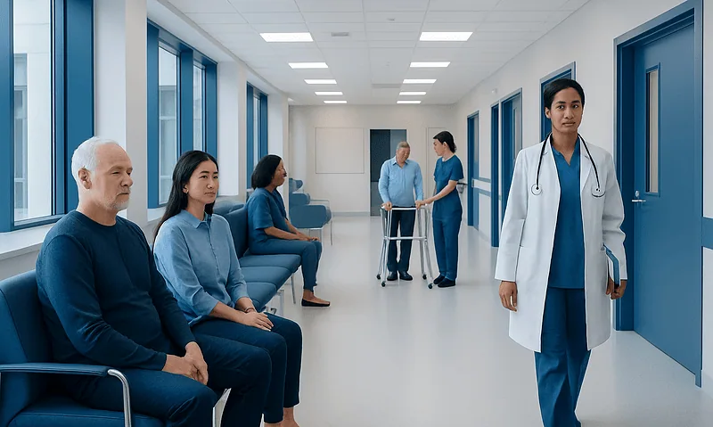 Patients waiting in a hospital corridor with medical staff nearby.