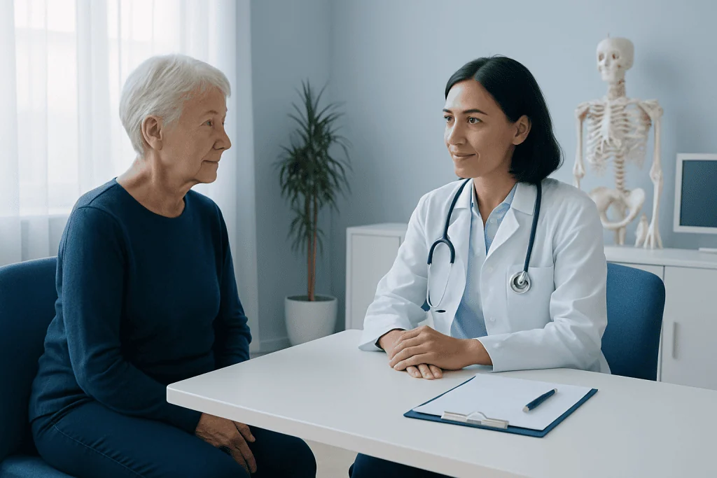 Doctor consulting elderly woman in a medical office.