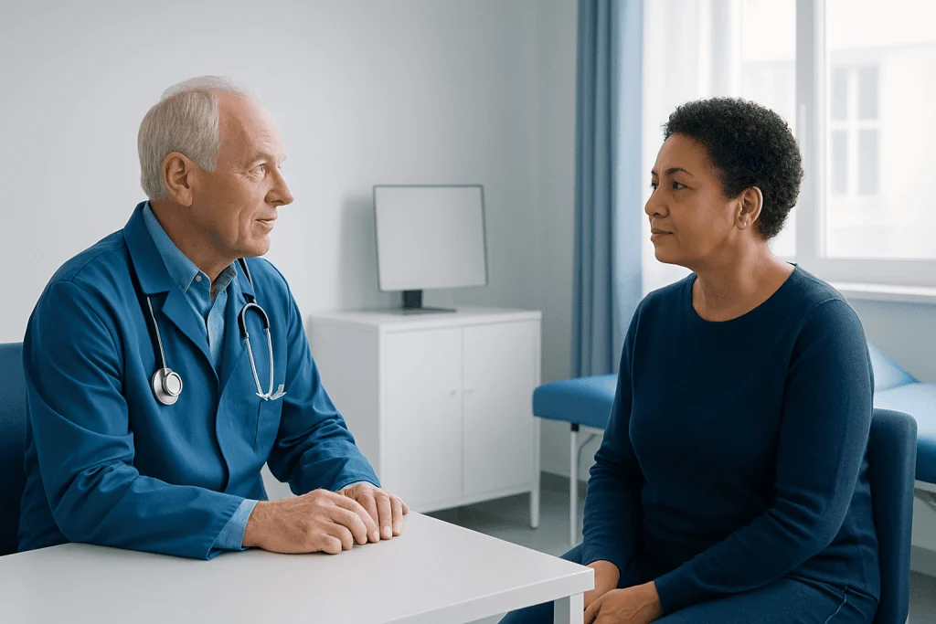 Doctor consulting with a patient in a modern medical office.