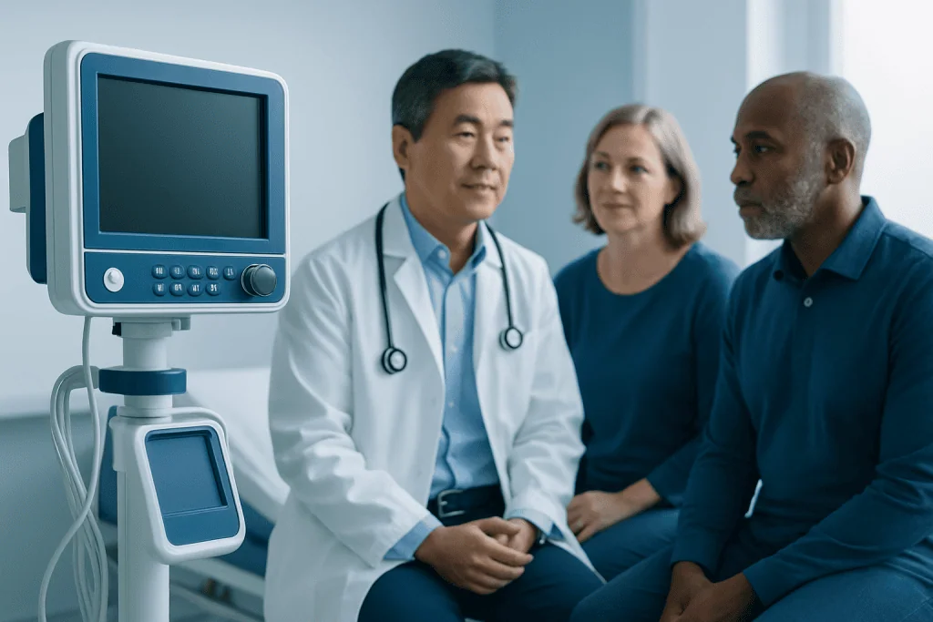 Doctor consulting with patients in a hospital room with medical equipment.