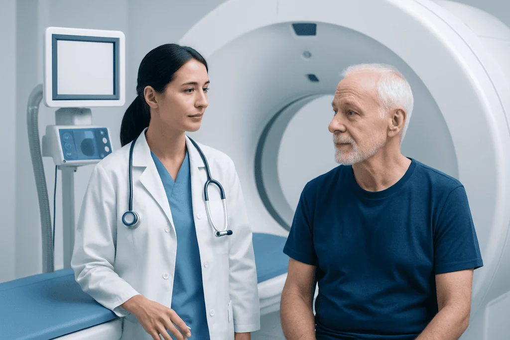 Doctor consulting with an elderly male patient in a hospital MRI room.