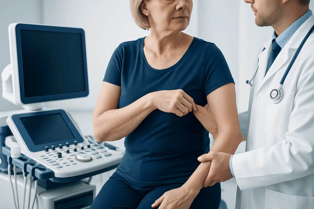 Doctor examining a woman after weight loss in a medical clinic setting.