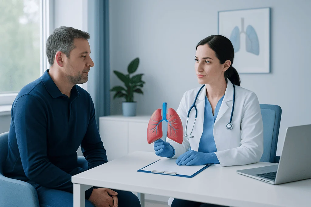 Doctor explaining lung health to patient during pre-operative assessment.