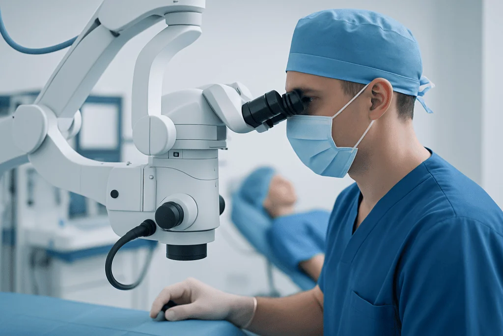 Surgeon using a microscope during ear surgery at Acibadem Hospital.