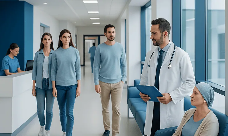 Doctor consulting with patients in a modern hospital corridor.