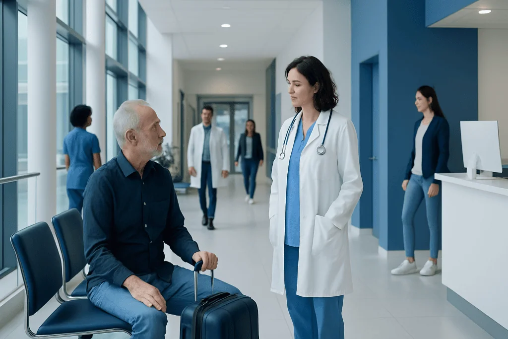 At Acibadem, How to Plan Return Travel Around Medical Clearance 1 Doctor consulting with senior male patient in hospital corridor.