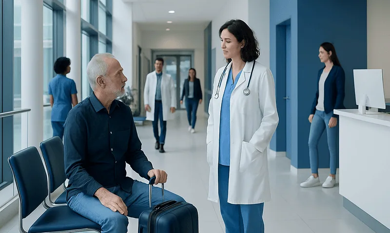 Doctor consulting with senior male patient in hospital corridor.