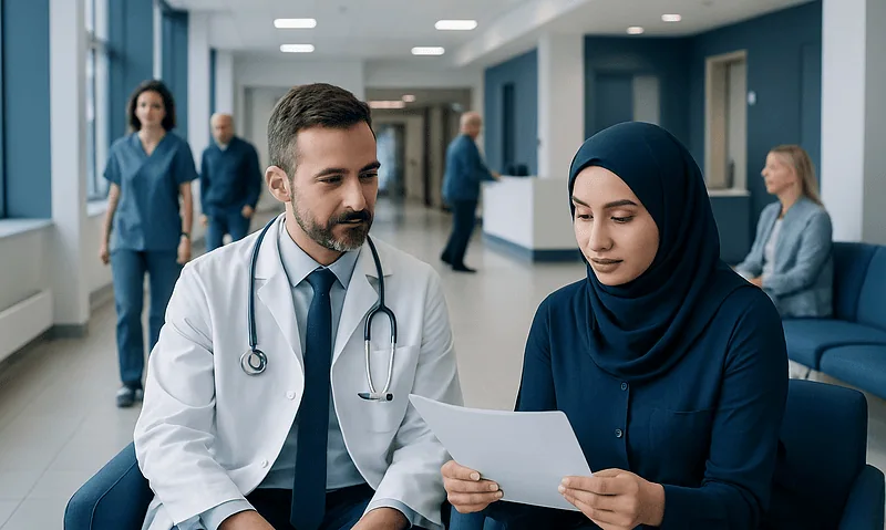 Doctor consulting with a female patient in a hospital corridor.