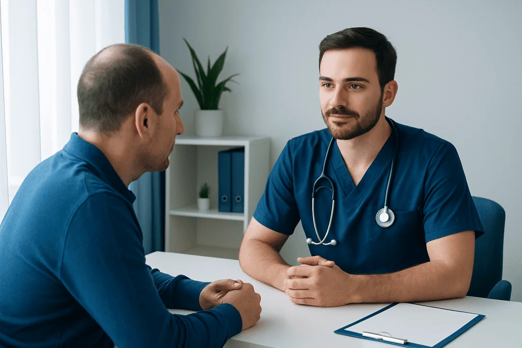 Doctor consulting patient about hair transplant costs at Acibadem Hospital.