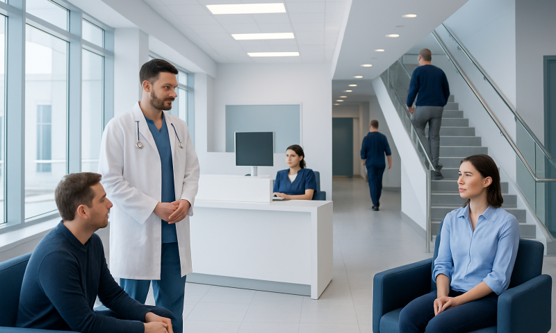 Medical consultation at Acibadem Hospital with doctor and patients in waiting area.