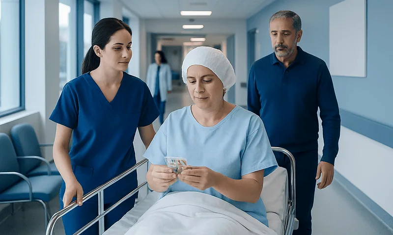 Taking Multiple Medicines After Surgery in Turkey: Daily Schedule Tips 10 Patient with medical staff in hospital corridor after surgery in Turkey.