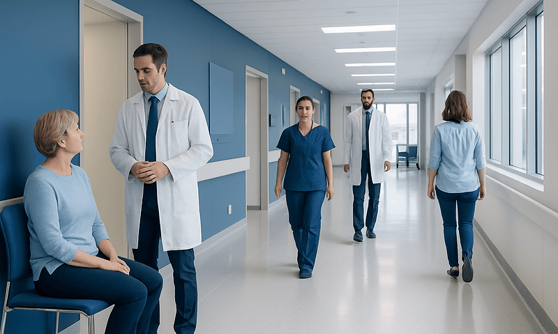 Medicine Labels in Turkey: How International Patients Can Read Them 9 Medical staff and patient in hospital corridor at Acibadem Hospitals Group.