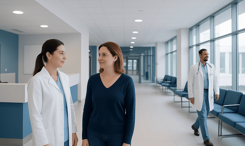 Brand Names vs Generic Names: Matching Your Medicines in Turkey 11 Doctors and patient in a modern hospital corridor with large windows.