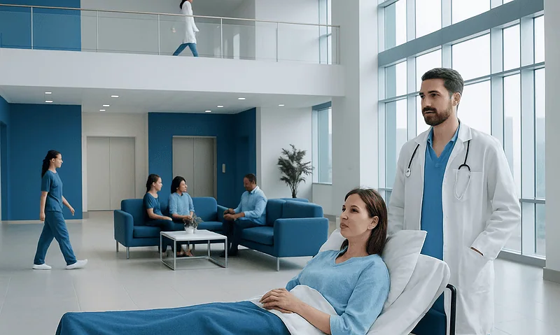 Medicine Side Effects During Hotel Recovery in Turkey 2 Hospital corridor with patient and medical staff in modern healthcare facility.