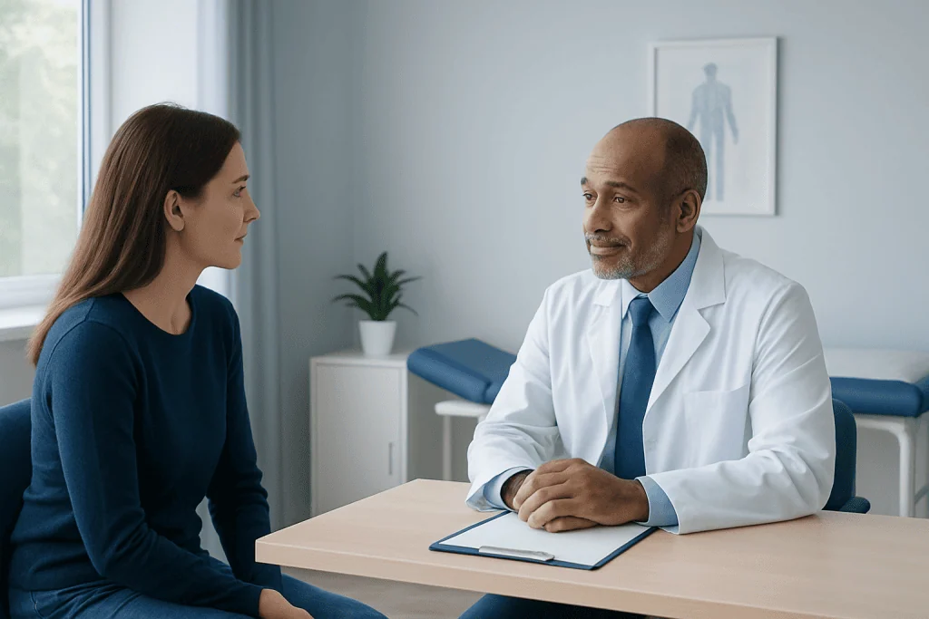 Doctor consulting with a patient in a medical office setting.
