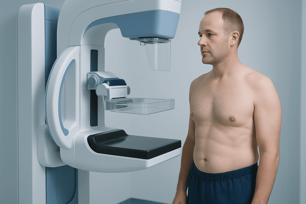 Male patient undergoing a mammogram in a medical imaging room.