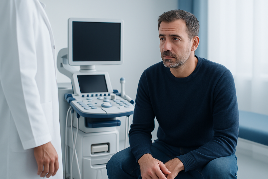 Man in a medical consultation room during a mental health checkup.